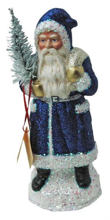 Santa, Blue Glitter Coat Paper Mache Candy Container by Ino Schaller