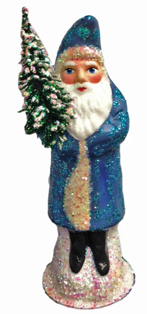 Santa in Blue Sponged Coat Paper Mache Candy Container by Ino Schaller