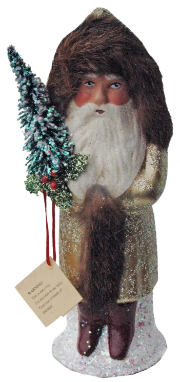 Santa with Champagne Coat and Holly Leaf Paper Mache Candy Container by Ino Schaller