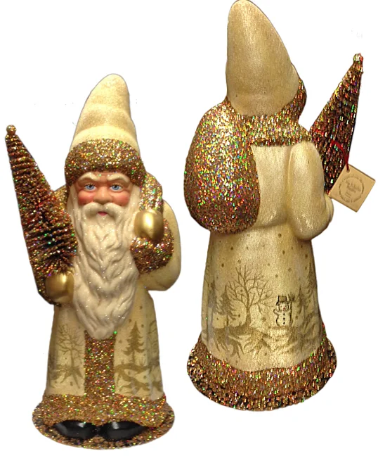 Santa in Champagne Coat with Landscape Paper Mache Candy Container by Ino Schaller