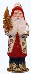 Santa in Champagne Coat with Red Trim Paper Mache Candy Container by Ino Schaller