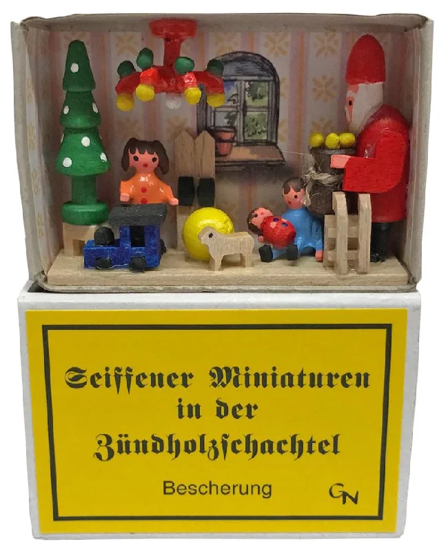 Santa with Child Miniature Matchbox Scene by the Gisbert Neuber family in Seiffen