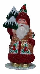 Santa in Copper Glittered Coat with Red Beaded Trim Paper Mache Candy Container