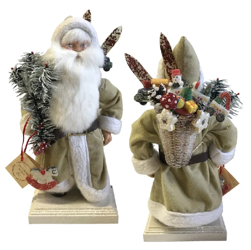 Santa in Cream Felt Coat with Packbag on Base Paper Mache Candy Container by Ino Schaller