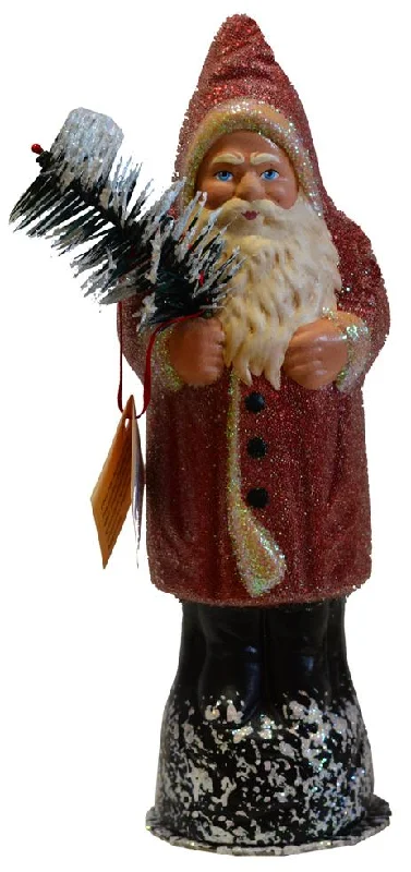 Santa, Dusty Red Beaded with Cream Edge Paper Mache Candy Container by Ino Schaller