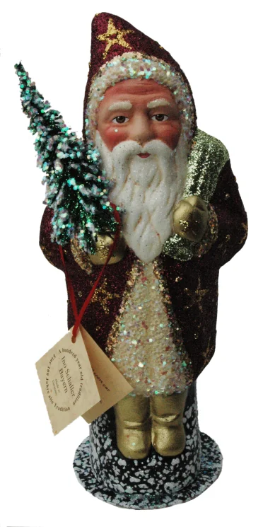 Santa, Fuchsia Coat with Stars Paper Mache Candy Container by Ino Schaller