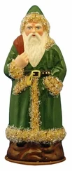 Santa in Green Coat with Cream Edge Paper Mache Candy Container by Ino Schaller