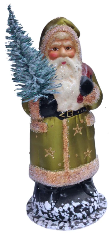 Santa in Green Coat with Stars Paper Mache Candy Container by Ino Schaller