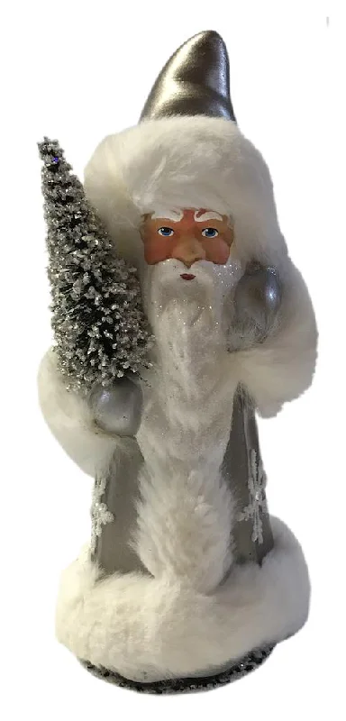 Santa in Light Grey Coat with Snowflakes and Swarovski Crystal, Paper Mache Candy Container by Ino Schaller