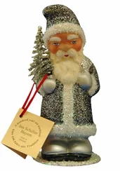 Santa with Metal Gray Glitter Coat and Silver Bag Paper Mache Candy Container by Ino Schaller