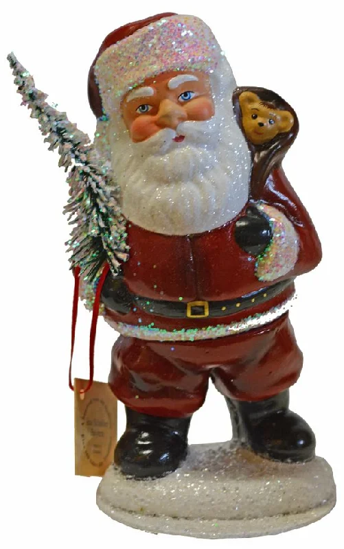 Santa, Old Red with Bear in Bag Paper Mache Candy Container by Ino Schaller