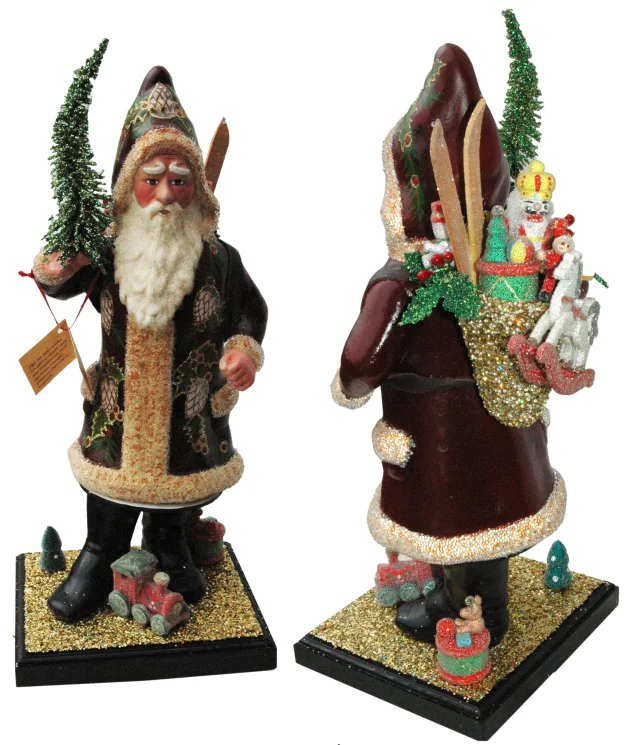 Santa, Old Red Coat with Pinecone Decor on Wood Base Paper Mache Candy Container by Ino Schaller