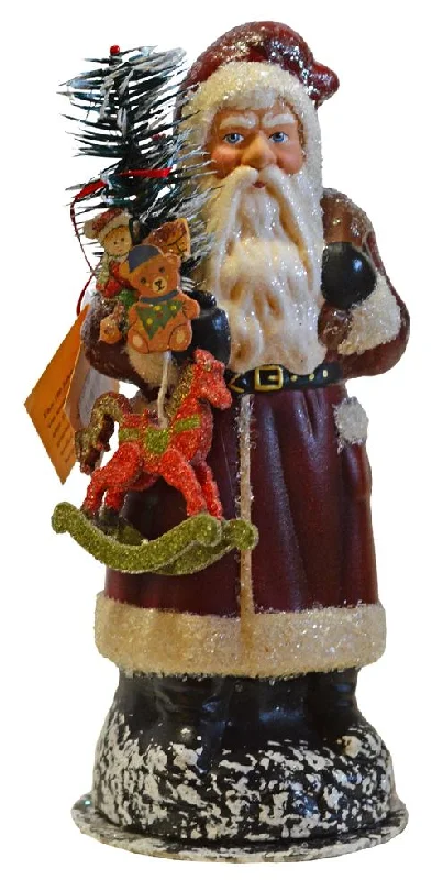 Santa in Old Red Coat with Rocking horse Paper Mache Candy Container by Ino Schaller