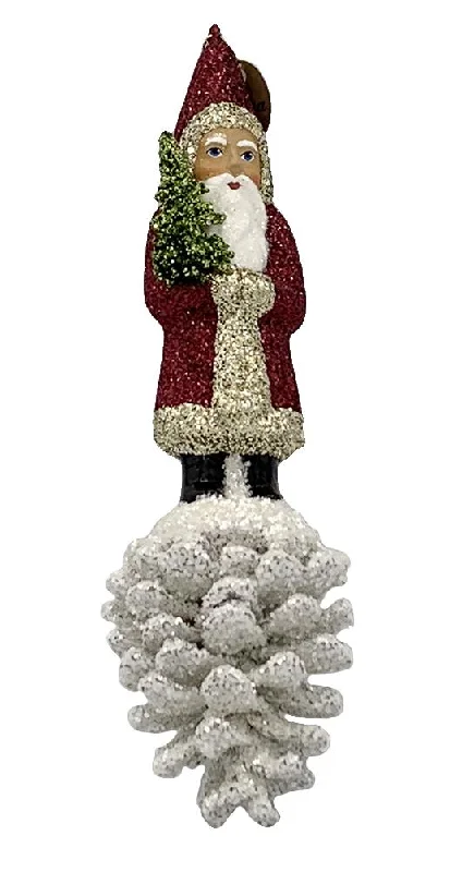 Santa on Pinecone, Paper Mache Ornament, burgundy and gold glitter, by Ino Schaller