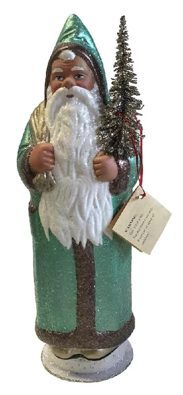 Santa in Petrol Green Coat, Paper Mache Candy Container by Ino Schaller