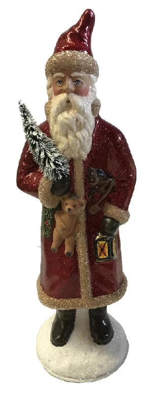 Santa in Red Coat with Lantern and Teddy Bear, Paper Mache Candy Container by Ino Schaller