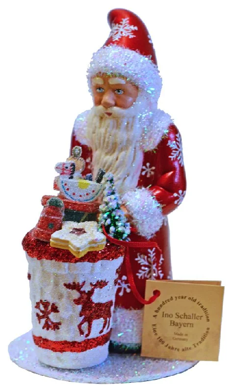 Santa, Red Coat with Toys in Reindeer Decor Paper Mache Candy Container by Ino Schaller