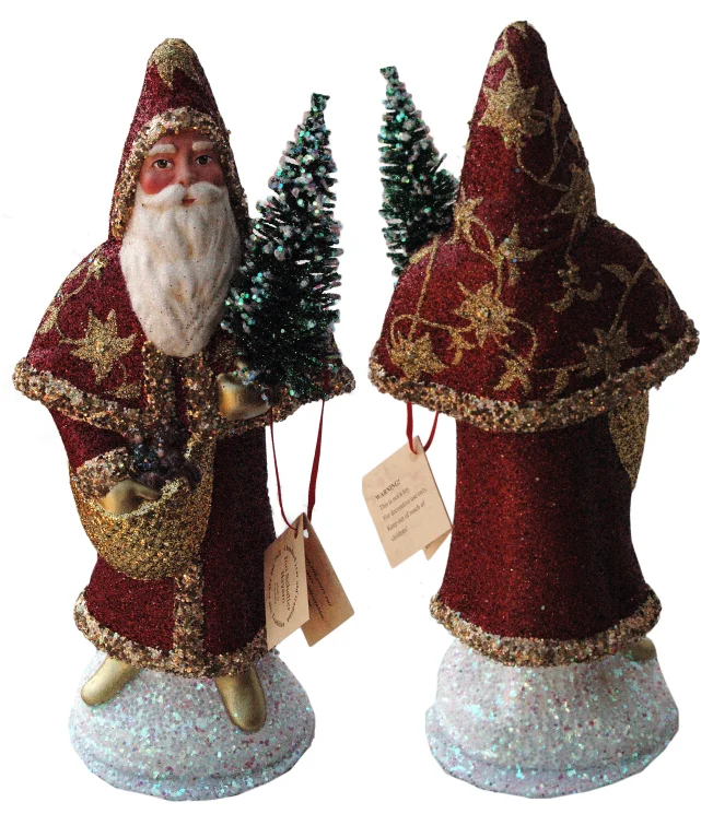 Santa in Cloak, Paper Mache Candy Container, red glitter with gold vines, by Ino Schaller