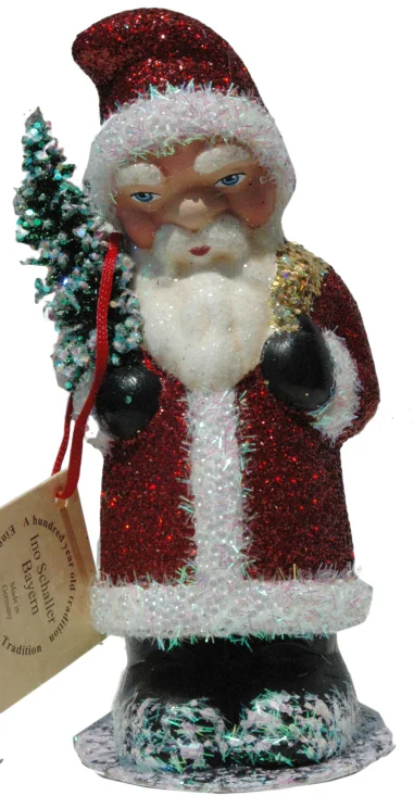 Santa in Red Glitter Coat Paper Mache Candy Container by Ino Schaller