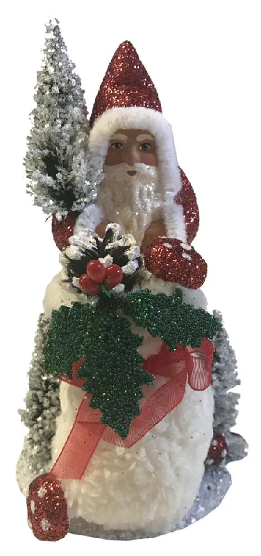 Santa in Red Glittered Coat with Soft Bag, Paper Mache Candy Container by Ino Schaller