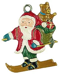 Santa on Skis, Painted on Both Sides Pewter Ornament by Kuehn Pewter