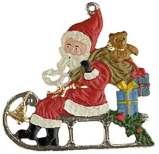 Santa on Sled, Painted on Both Sides Pewter Ornament by Kuehn Pewter