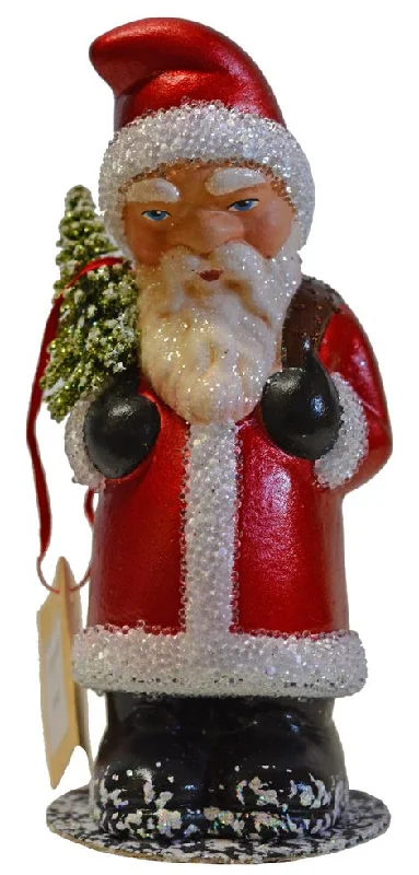 Santa St. Nick, Red with White Beaded Edge Paper Mache Candy Container by Ino Schaller