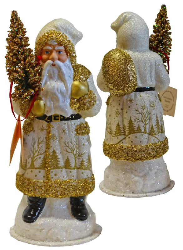 Santa, White Coat with Gold Landscape Santa Paper Mache Candy Container by Ino Schaller