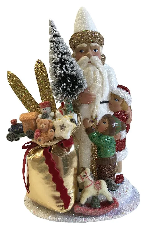 Santa in White Coat with Two Children, Paper Mache Candy Container by Ino Schaller