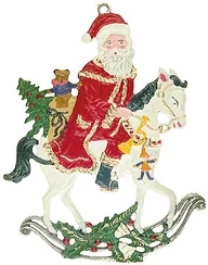 Santa on White Rocking Horse Pewter Ornament by Kuehn Pewter