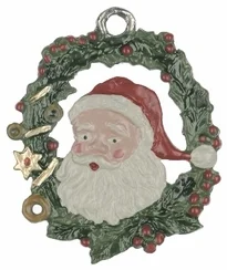 Santa Wreath, Painted on Both Sides Pewter Ornament by Kuehn Pewter