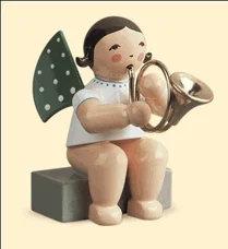 Sitting Angel with French Horn Wooden Figurine by Wendt and Kuhn