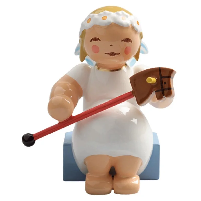 Sitting Marguerite Angel with Stick Pony Wooden Figurine by Wendt und Kuhn