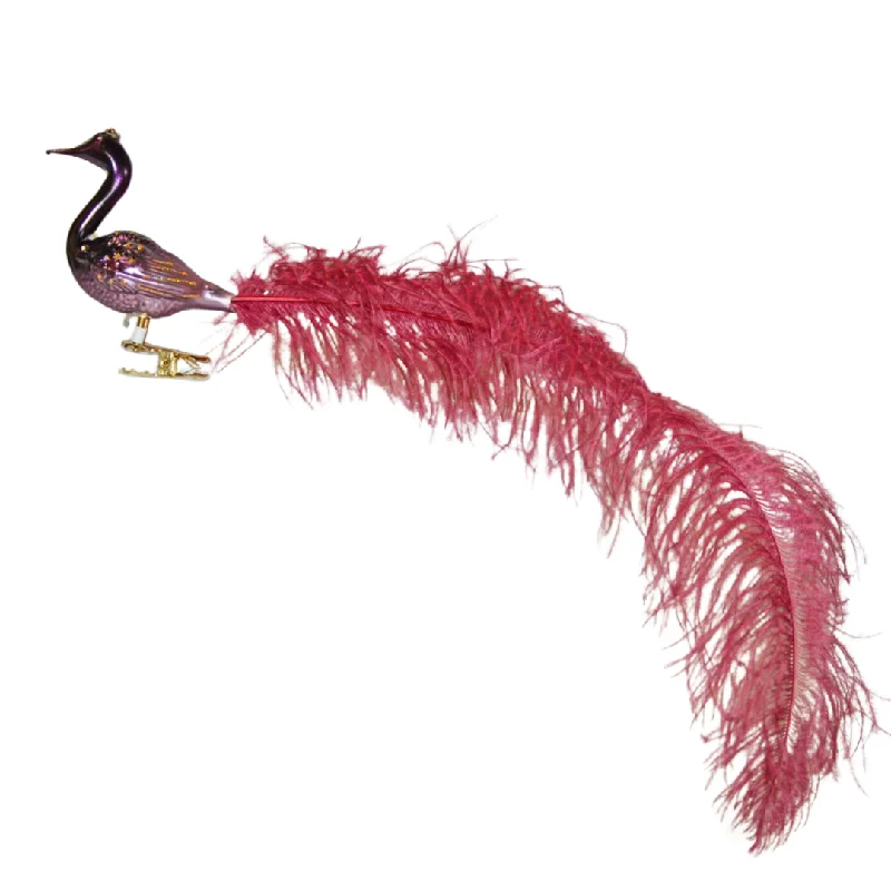 Small Purple Swan with Crown and Dusty Rose Plume Ornament by Glas Bartholmes