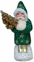 Small Santa in Green Glittered Coat with Gold Stars Paper Mache Figurine by Ino Schaller