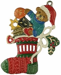 Teddy Bear in Stocking, Painted on Both Sides Pewter Ornament by Kuehn Pewter