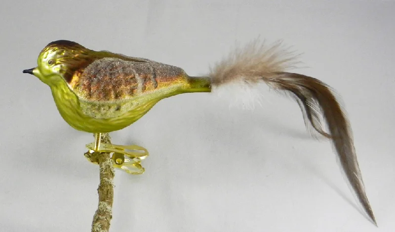 Chubby Bird with spun glass tail, green and brown by Glas Bartholmes