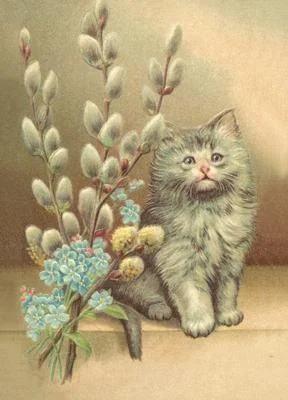 Vintage Style Kitten and Pussy Willows Postcard by Ernst Freihoff Papierwaren