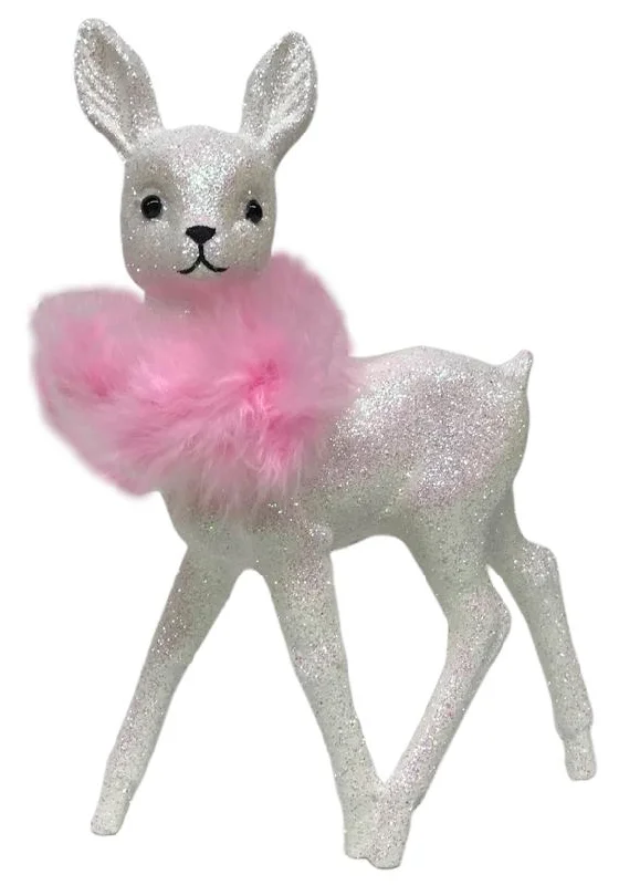 Deer, white glittered with pink boa, Plastic Figure by Ino Schaller