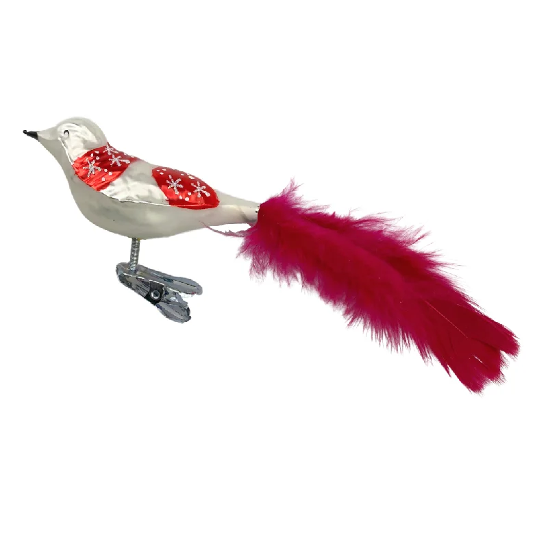 White and Red Bird with Glittered Stars Ornament by Old German Christmas