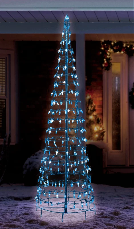 Wire Cone Tree Outdoor Decoration with Blue Twinkling LED Lights