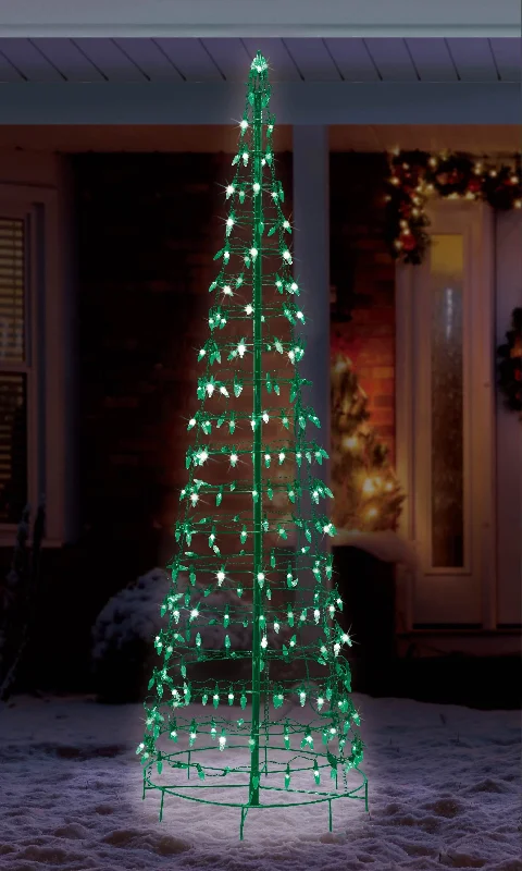 Wire Cone Tree Outdoor Decoration with Green Twinkling C5 LED Lights